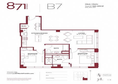 Floor plan for 2 beds, 2 baths, 1090 sqft