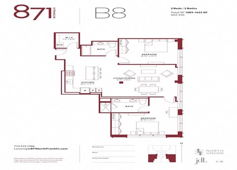 Floor plan for 2 beds, 2 baths, 1422 sqft