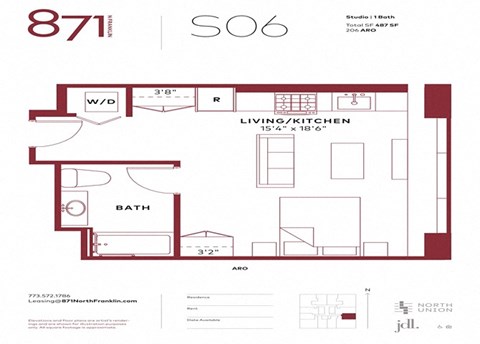 Floor plan for studio, 1 bath, 487 sqft