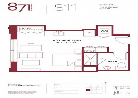 Floor plan for studio, 1 bath, 498 sqft