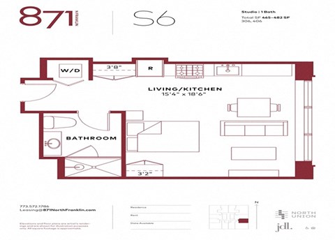 Floor plan for studio, 1 bath, 482 sqft