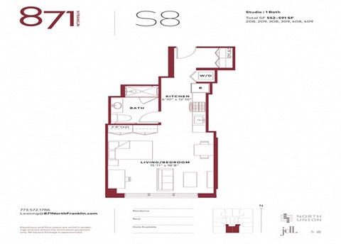 Floor plan for studio, 1 bath, 591 sqft