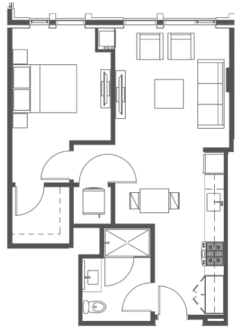Floor plan for 1 bed, 1 bath, 686 sqft