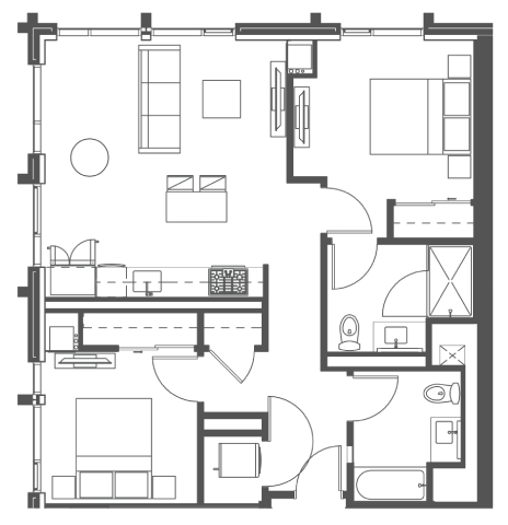 Floor plan for 2 beds, 2 baths, 963 sqft