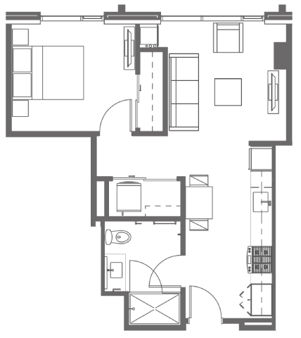 Floor plan for 1 bed, 1 bath, 603 sqft