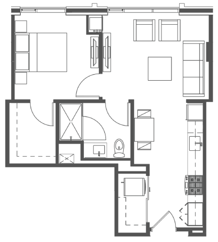 Floor plan for 1 bed, 1 bath, 648 sqft