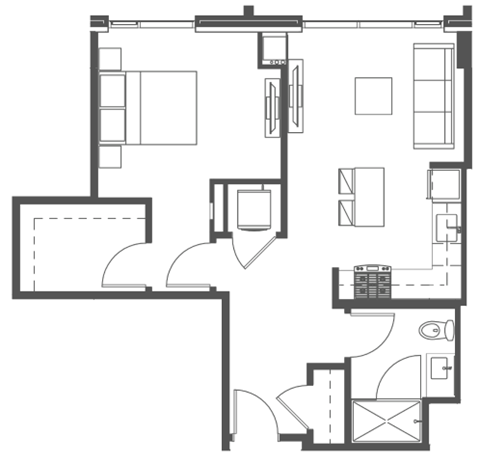 Floor plan for 1 bed, 1 bath, 708 sqft