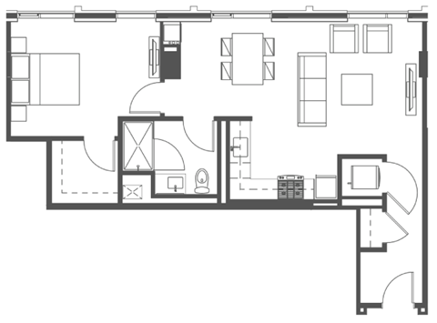 Floor plan for 1 bed, 1 bath, 809 sqft
