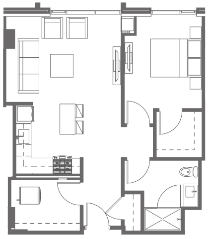 Floor plan for 1 bed, 1 bath, 765 sqft