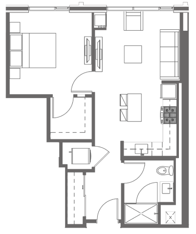 Floor plan for 1 bed, 1 bath, 725 sqft