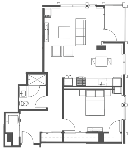 Floor plan for 1 bed, 1 bath, 880 sqft