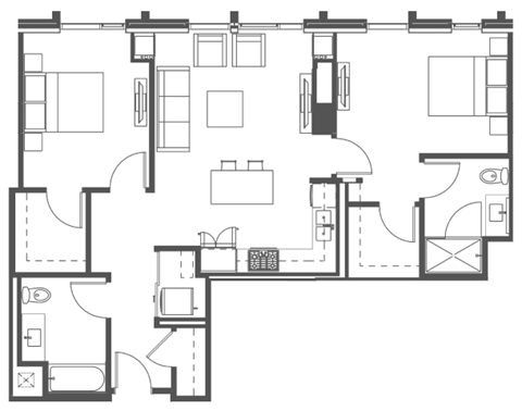 Floor plan for 2 beds, 2 baths, 1109 sqft