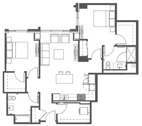 Floor plan for 2 beds, 2 baths, 1140 sqft