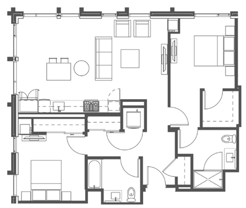 Floor plan for 2 beds, 2 baths, 1159 sqft