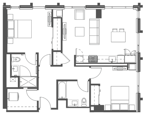 Floor plan for 2 beds, 2 baths, 1104 sqft