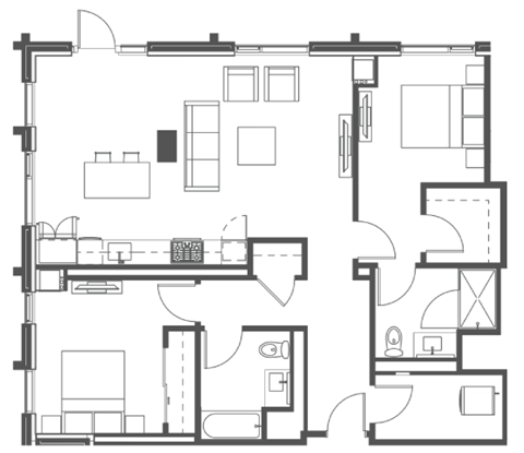 Floor plan for 2 beds, 2 baths, 1216 sqft