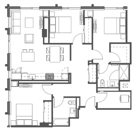 Floor plan for 3 beds, 2 baths, 1337 sqft