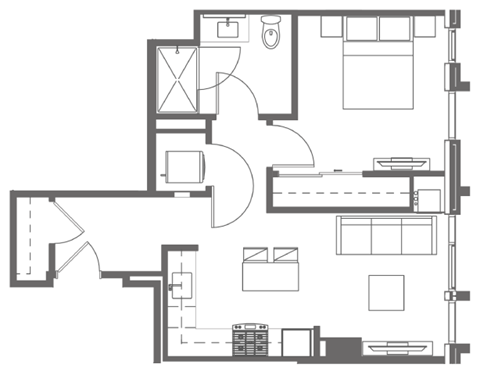 Floor plan for 1 bed, 1 bath, 628 sqft