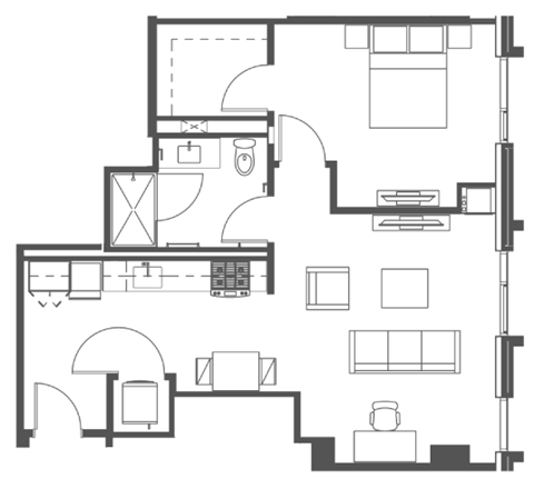 Floor plan for 1 bed, 1 bath, 781 sqft