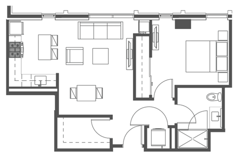 Floor plan for 1 bed, 1 bath, 705 sqft