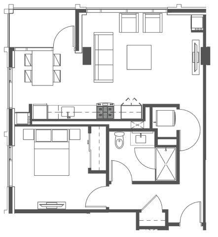 Floor plan for 1 bed, 1 bath, 808 sqft