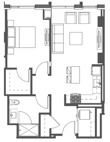 Floor plan for 1 bed, 1 bath, 745 sqft