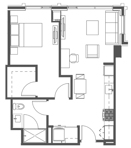 Floor plan for 1 bed, 1 bath, 692 sqft