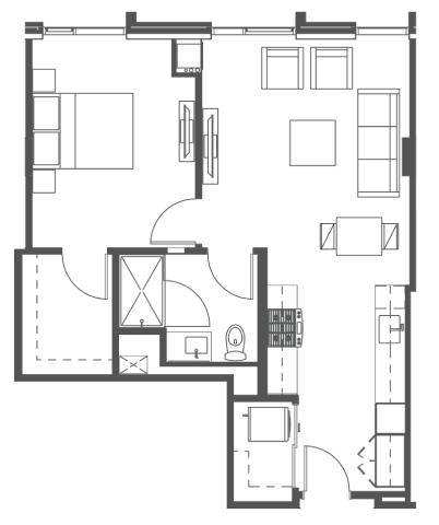 Floor plan for 1 bed, 1 bath, 720 sqft