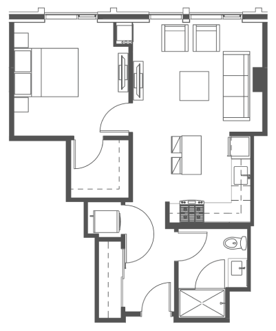 Floor plan for 1 bed, 1 bath, 686 sqft