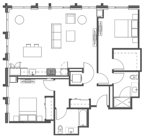 Floor plan for 2 beds, 2 baths, 1264 sqft