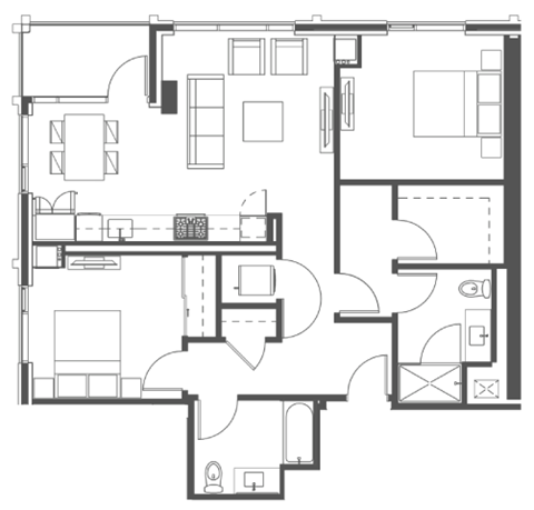 Floor plan for 2 beds, 2 baths, 1111 sqft