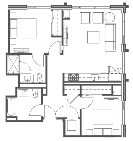 Floor plan for 2 beds, 2 baths, 947 sqft