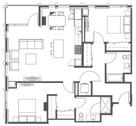 Floor plan for 2 beds, 2 baths, 1192 sqft