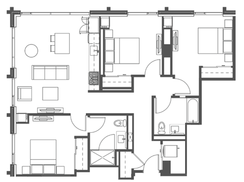 Floor plan for 3 beds, 2 baths, 1237 sqft