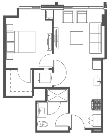 Floor plan for 1 bed, 1 bath, 621 sqft