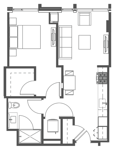 Floor plan for 1 bed, 1 bath, 657 sqft