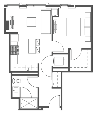 Floor plan for 1 bed, 1 bath, 604 sqft