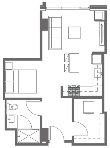 Floor plan for studio, 1 bath, 546 sqft