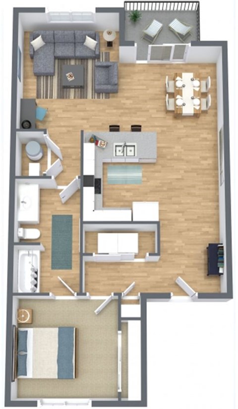 Floor plan for 1 bed, 1 bath, 771 sqft
