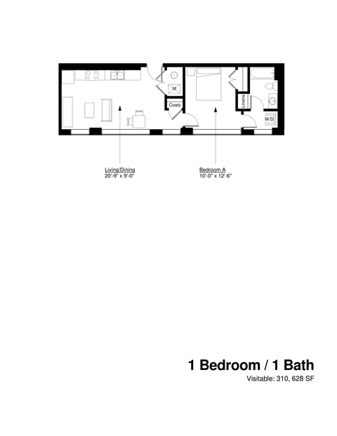Floor plan for 1 bed, 1 bath, 628 sqft