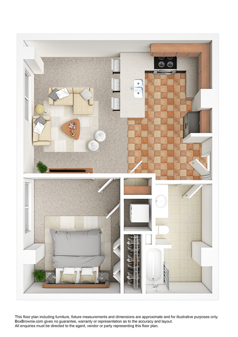 Floor plan for 1 bed, 1 bath, 732 sqft