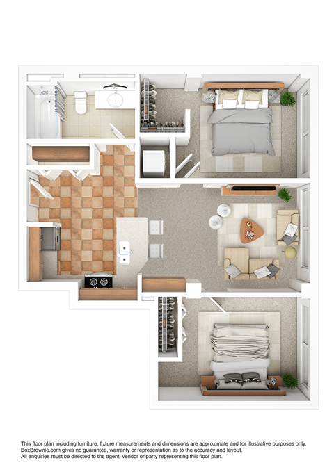 Floor plan for 2 beds, 1 bath, 935 sqft