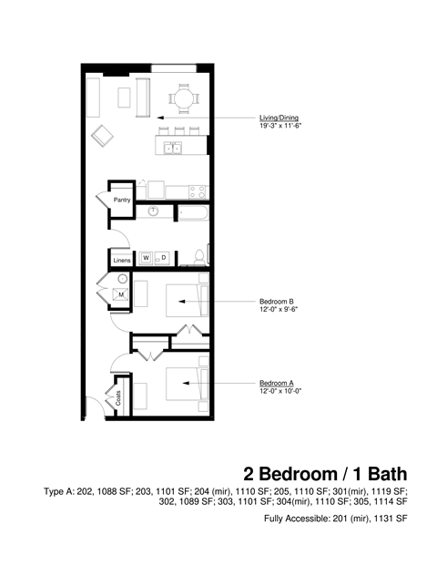 Floor plan for 2 beds, 1 bath, 1131 sqft