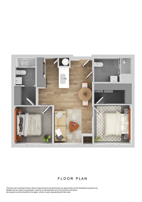 Floor plan for 2 beds, 2 baths, 907 sqft