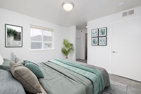 Sioux Falls apartment for rent - A bedroom with a bed, pillows, and a plant.