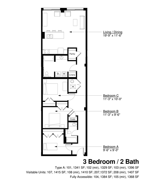 Floor plan for 3 beds, 2 baths, 1368 sqft