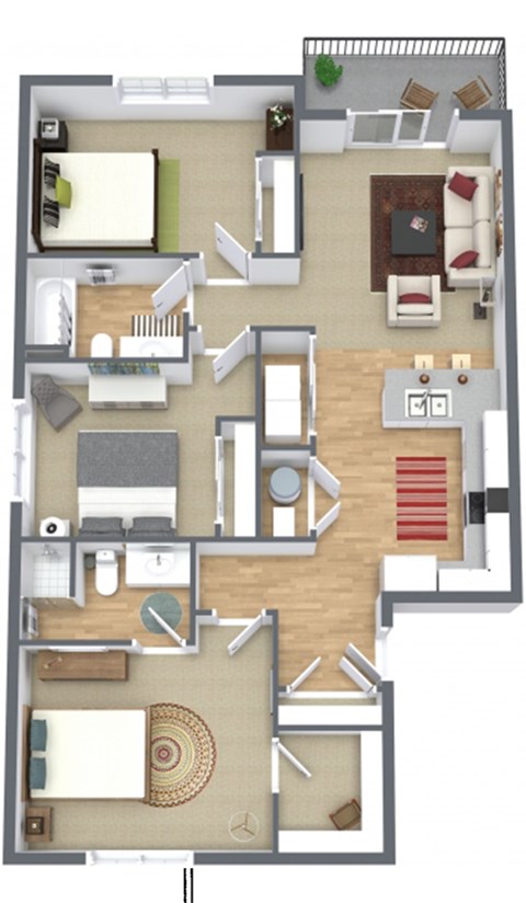 Floor plan for 3 beds, 2 baths, 1263 sqft