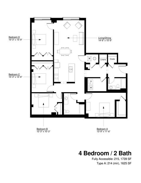 Floor plan for 4 beds, 2 baths, 1625 sqft