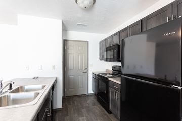 Sioux Falls townhouse for rent - a kitchen with black appliances and a sink and a refrigerator