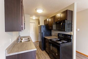 Sioux Falls apartment for rent - a kitchen with black appliances and a sink and a refrigerator